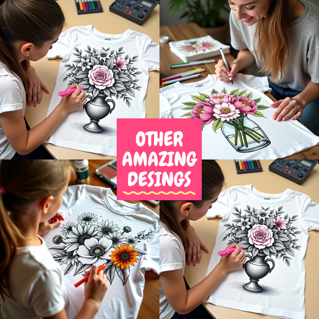 Unisex T-shirt Coloring Kit with 10 Fabric Markers - Floral Bouquet