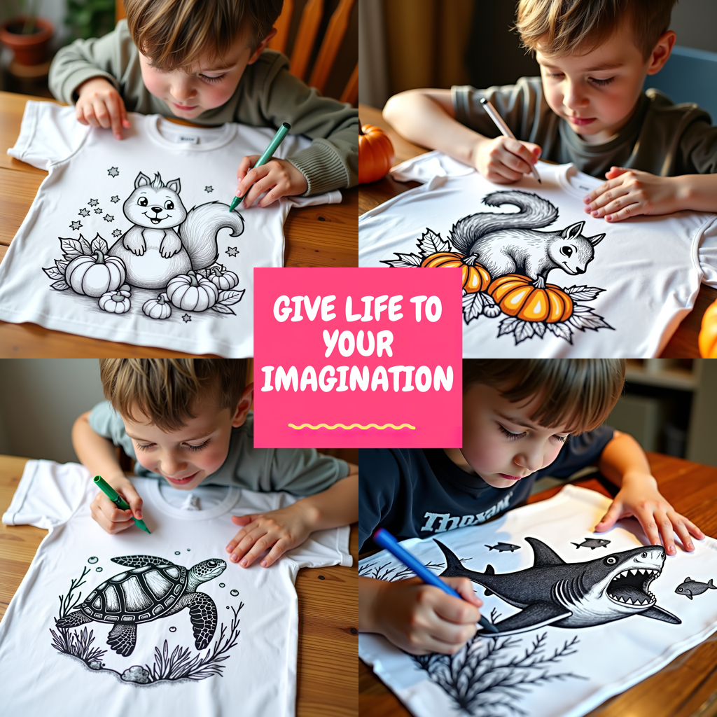 Unisex T-shirt Coloring Kit with 10 Fabric Markers - Squirrels in Autumn
