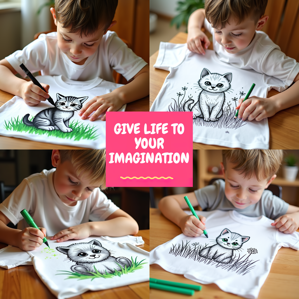 Unisex T-shirt Coloring Kit with 10 Fabric Markers - Kitten with Flowers