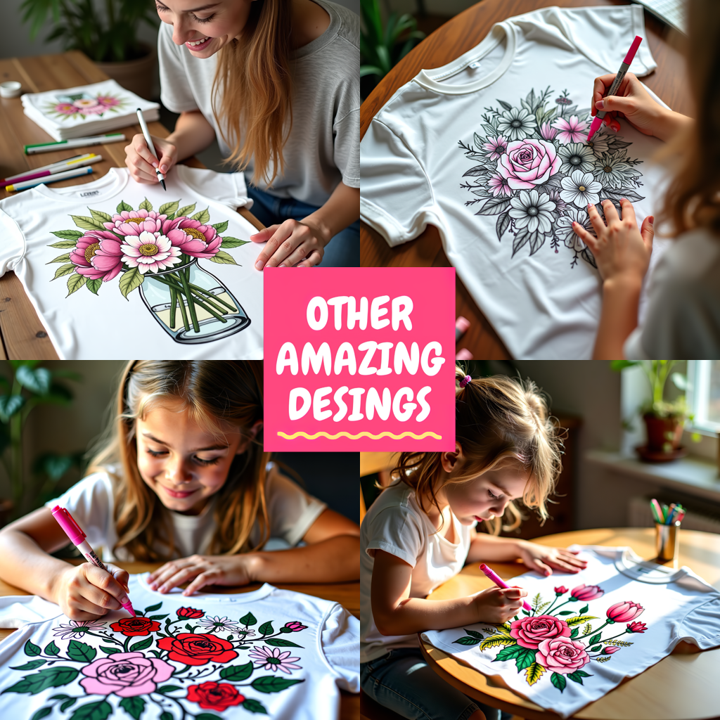 Women's T-shirt Coloring Kit with 10 Fabric Markers - Bouquet in Vase