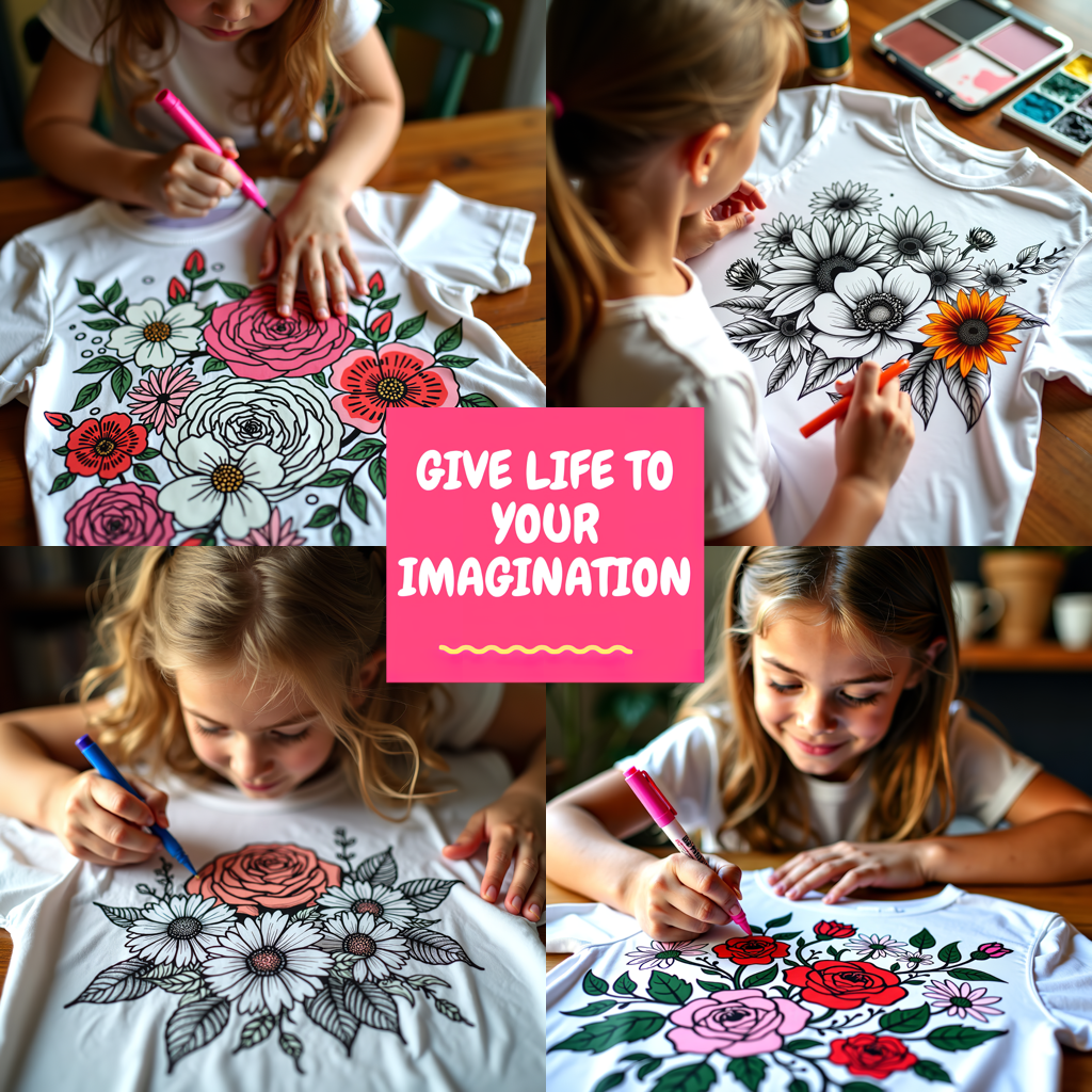 Kid's T-shirt Coloring Kit with 10 Fabric Markers - Roses in a Vase
