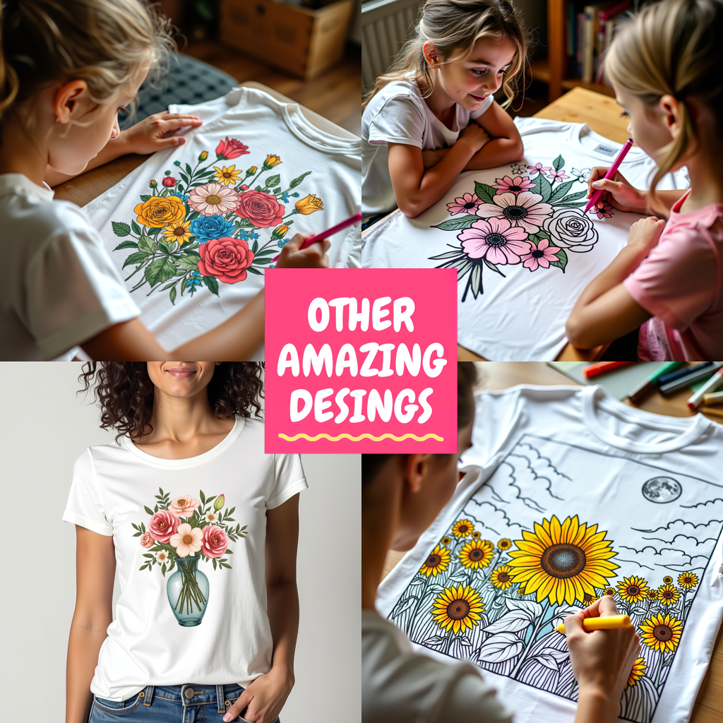 Unisex T-shirt Coloring Kit with 10 Fabric Markers - Roses in Vase