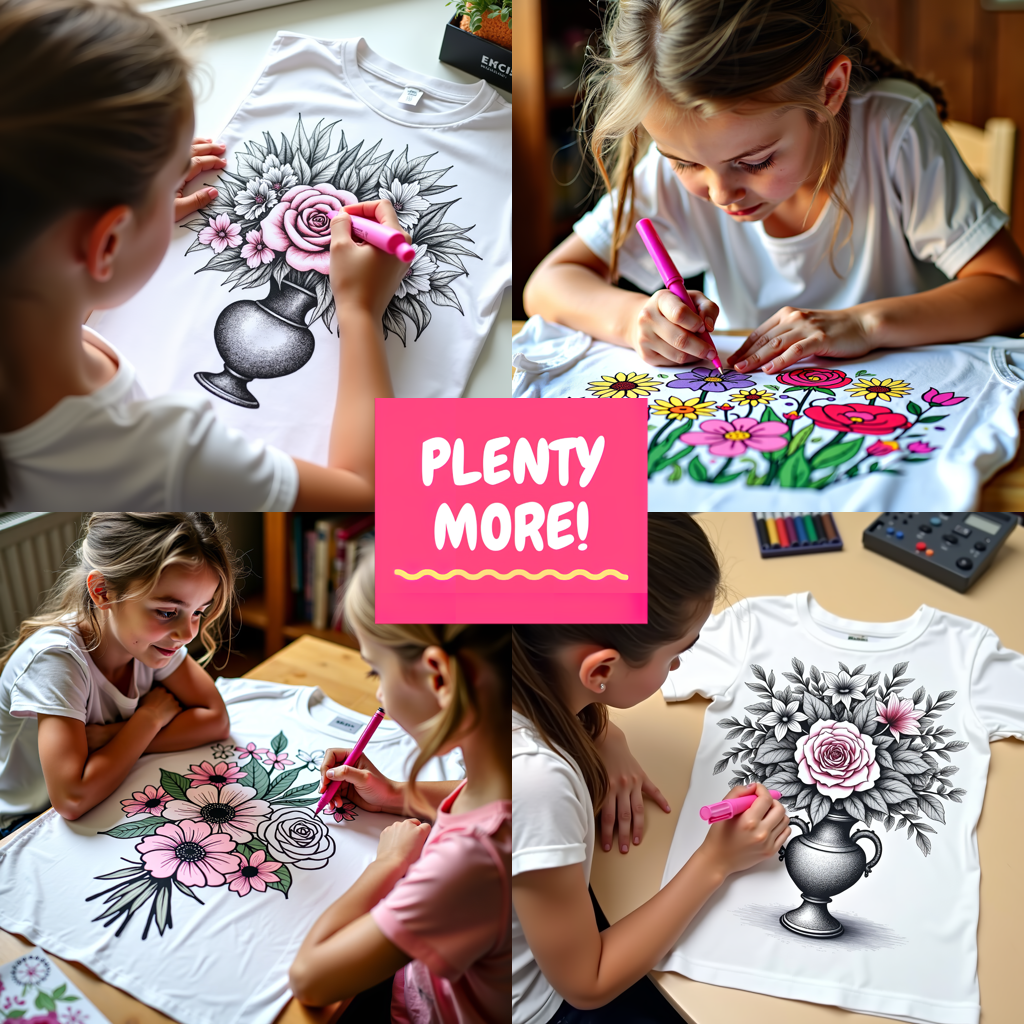 Kid's T-shirt Coloring Kit with 10 Fabric Markers - Roses and Butterfly