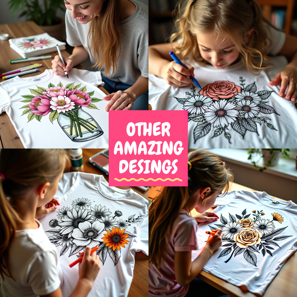 Women's T-shirt Coloring Kit with 10 Fabric Markers - Bouquet with Butterfly