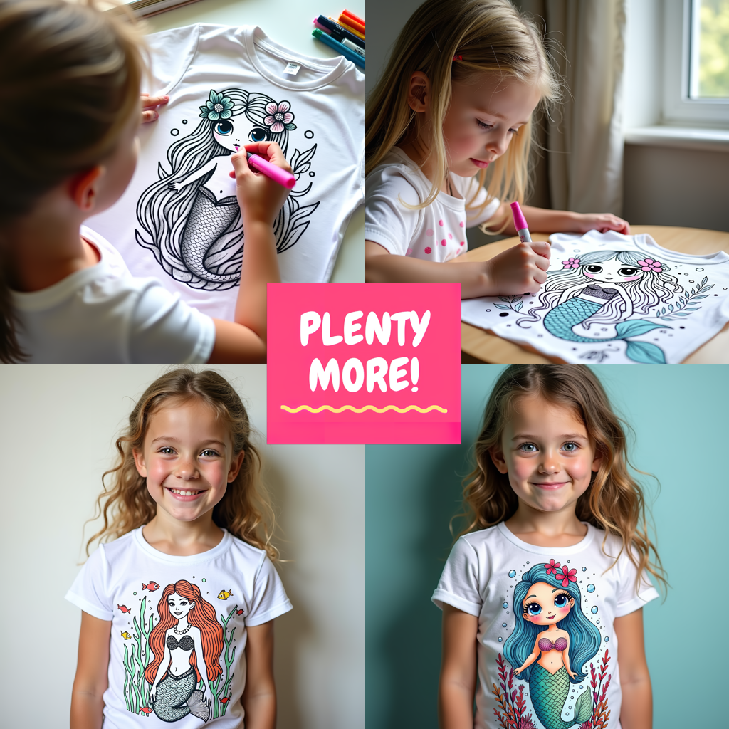 Kid's T-shirt Coloring Kit with 10 Fabric Markers - Mermaid with Floral Elements