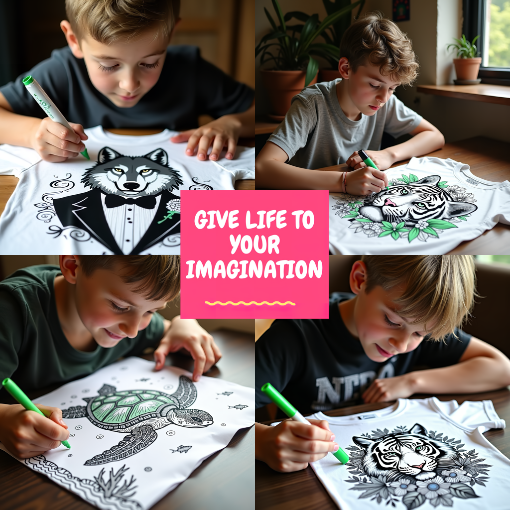 Unisex T-shirt Coloring Kit with 10 Fabric Markers - Wolf with Flowers