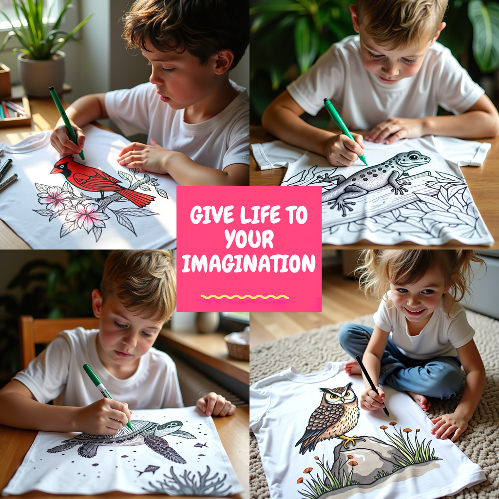 Kid's T-shirt Coloring Kit with 10 Fabric Markers - Cardinal in Foliage