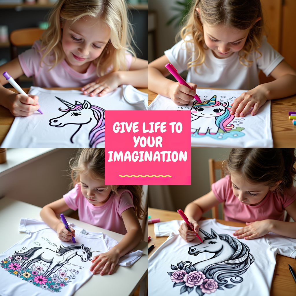 Women's T-shirt Coloring Kit with 10 Fabric Markers - Cute Unicorn