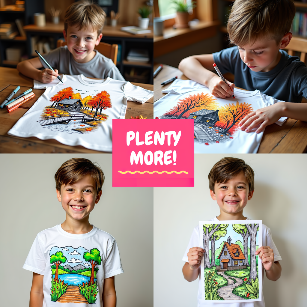 Kid's T-shirt Coloring Kit with 10 Fabric Markers - Village by the River