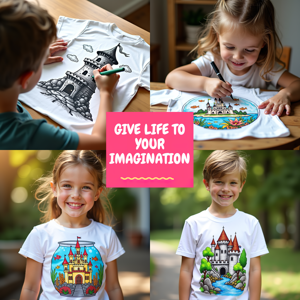 Kid's T-shirt Coloring Kit with 10 Fabric Markers - Medieval Castle