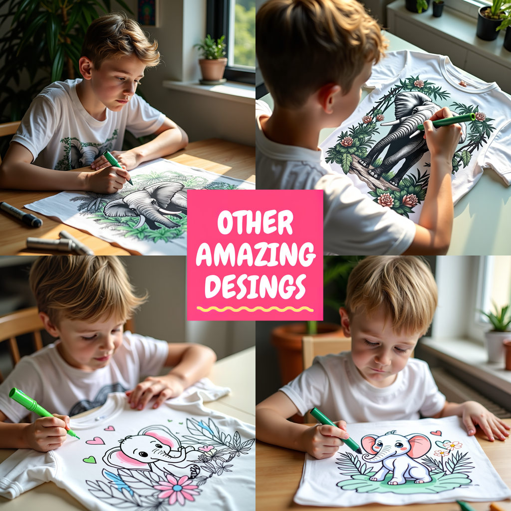 Unisex T-shirt Coloring Kit with 10 Fabric Markers - Elephant in Floral Environment