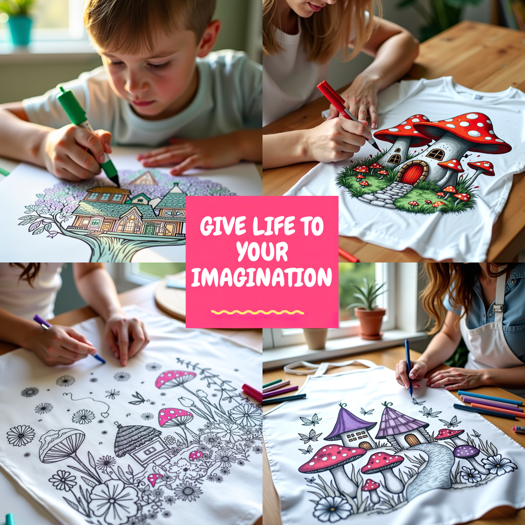 Unisex T-shirt Coloring Kit with 10 Fabric Markers - Mushroom House