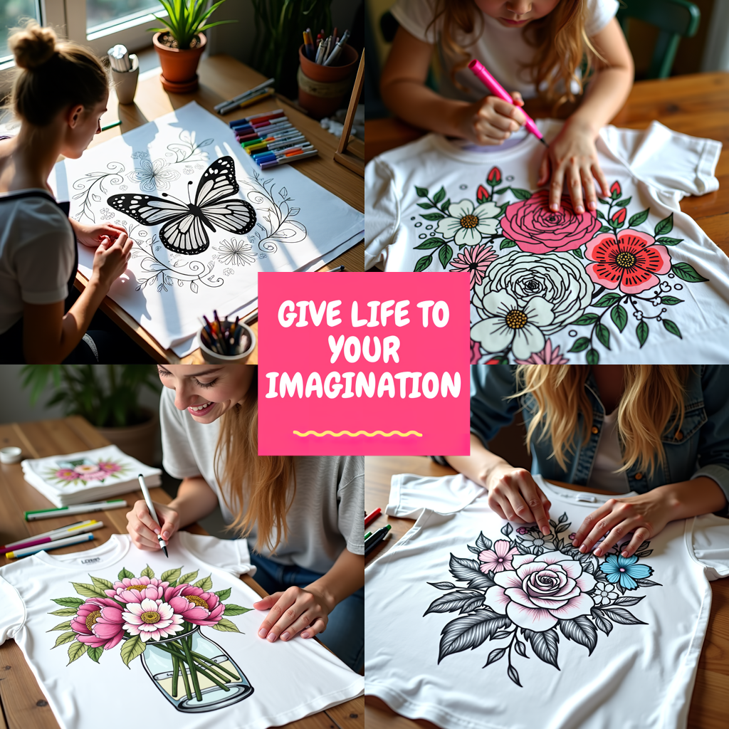 Adult Sweatshirt Coloring Kit with 10 Fabric Markers - Basket of Flowers with Butterflies