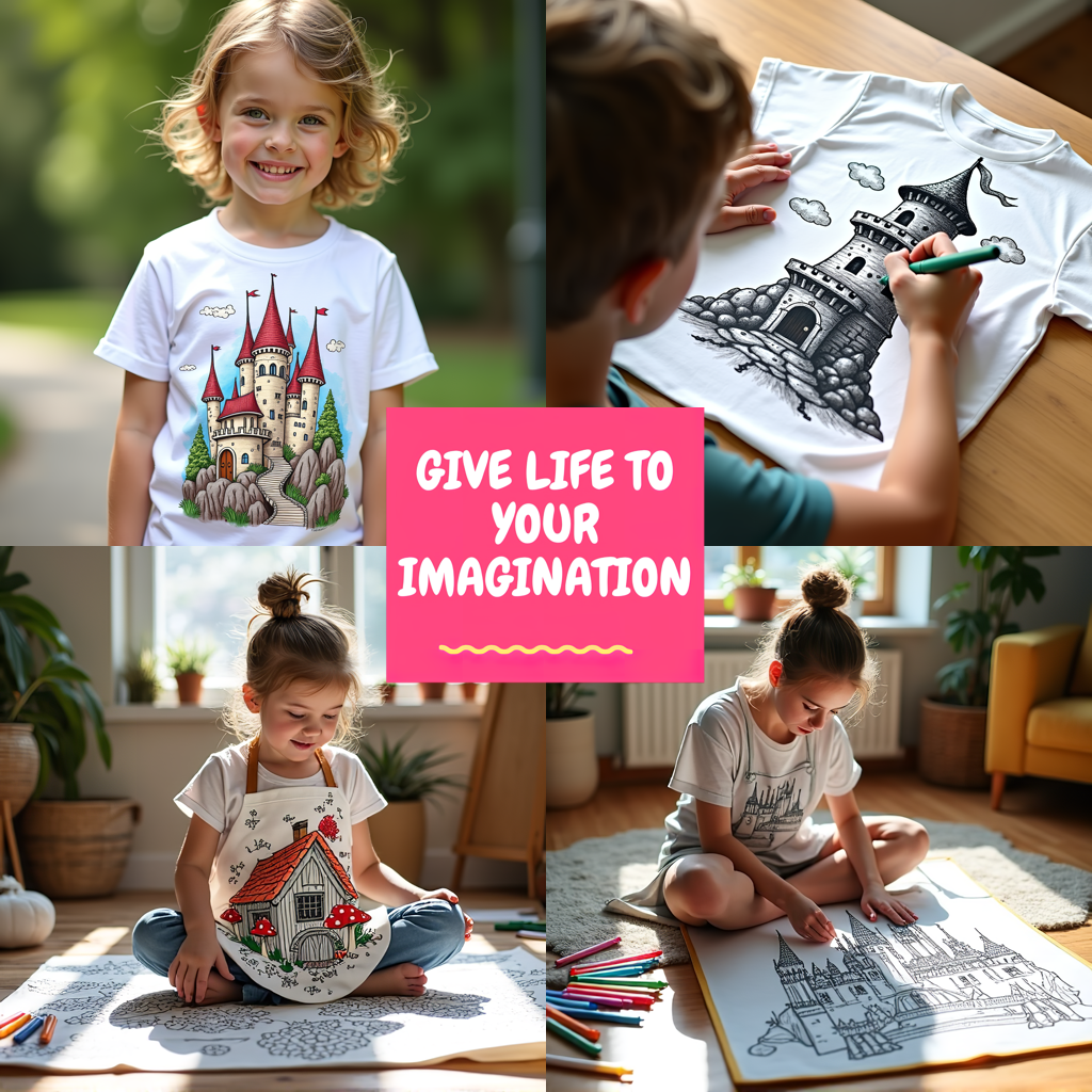 Kid's T-shirt Coloring Kit with 10 Fabric Markers - Castle on Cliff