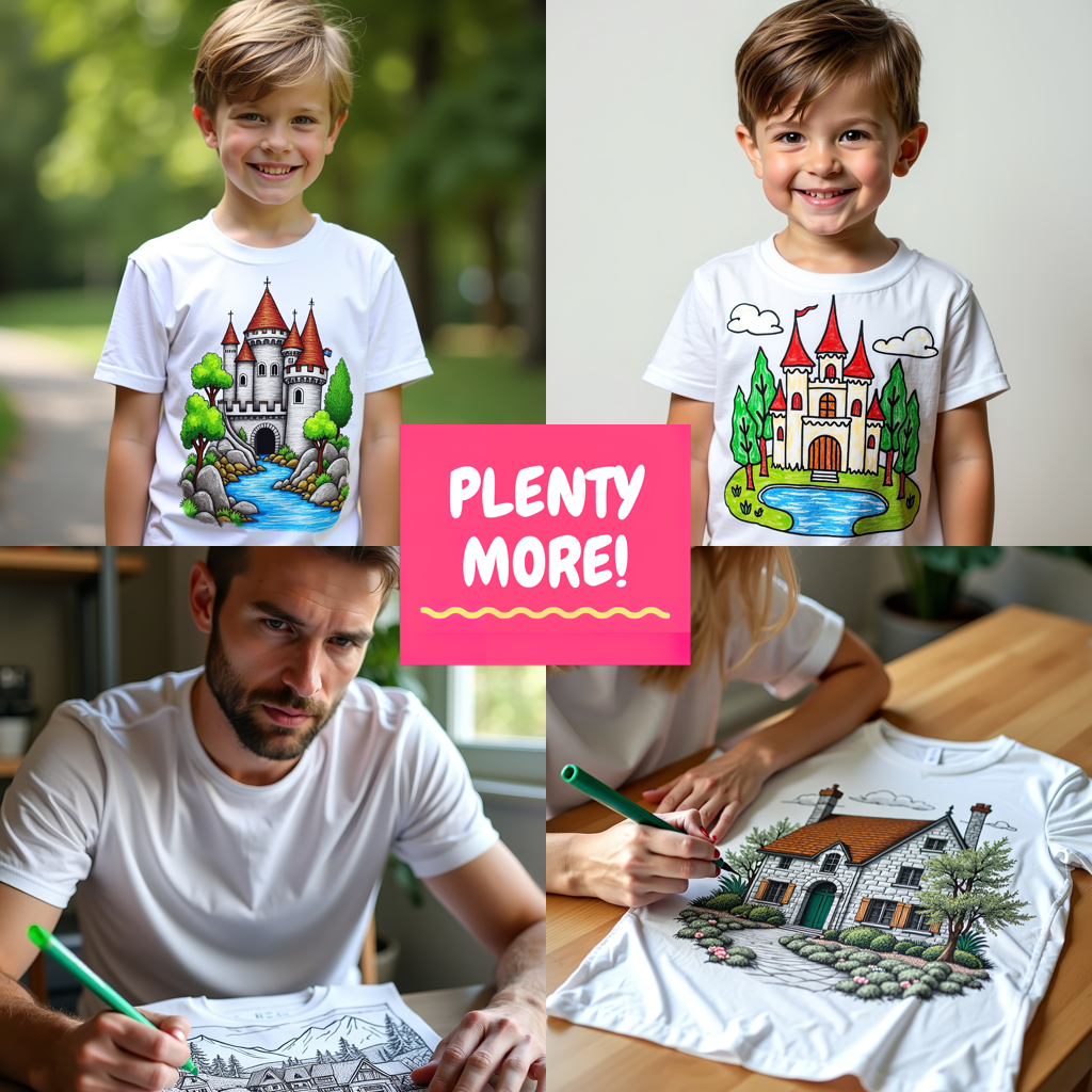 Unisex T-shirt Coloring Kit with 10 Fabric Markers - Castle on Cliff