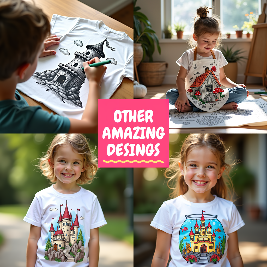 Kid's T-shirt Coloring Kit with 10 Fabric Markers - Floating Castle