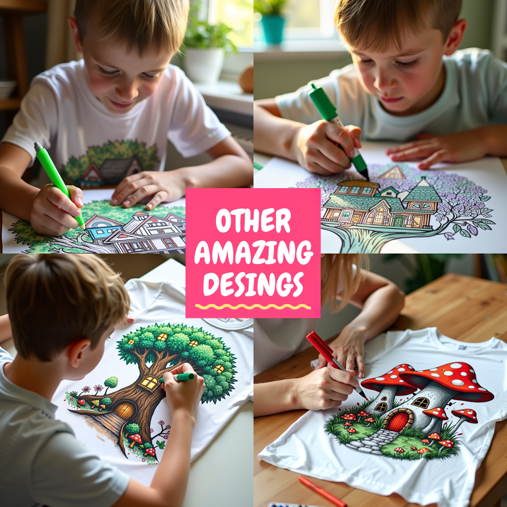 Kid's T-shirt Coloring Kit with 10 Fabric Markers - Fantasy Mushroom House