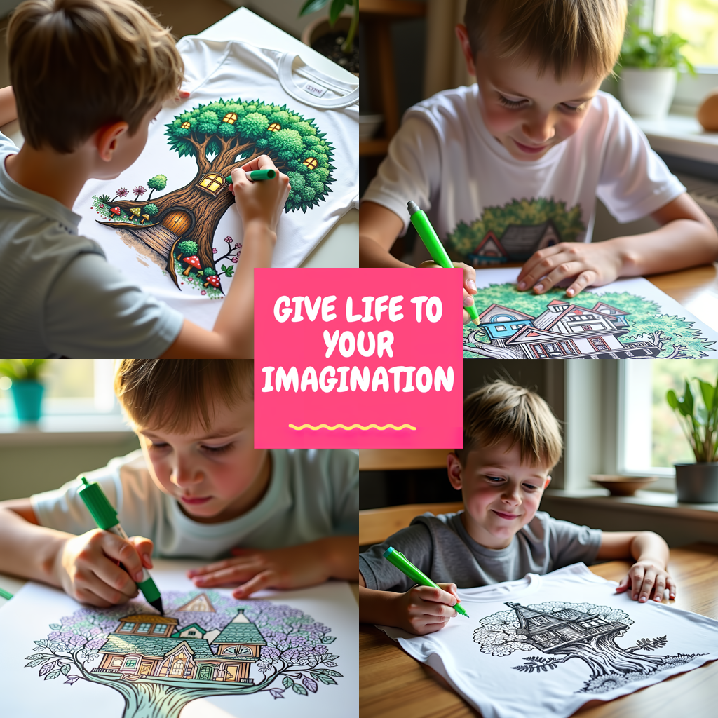 Kid's T-shirt Coloring Kit with 10 Fabric Markers - Mushroom Houses