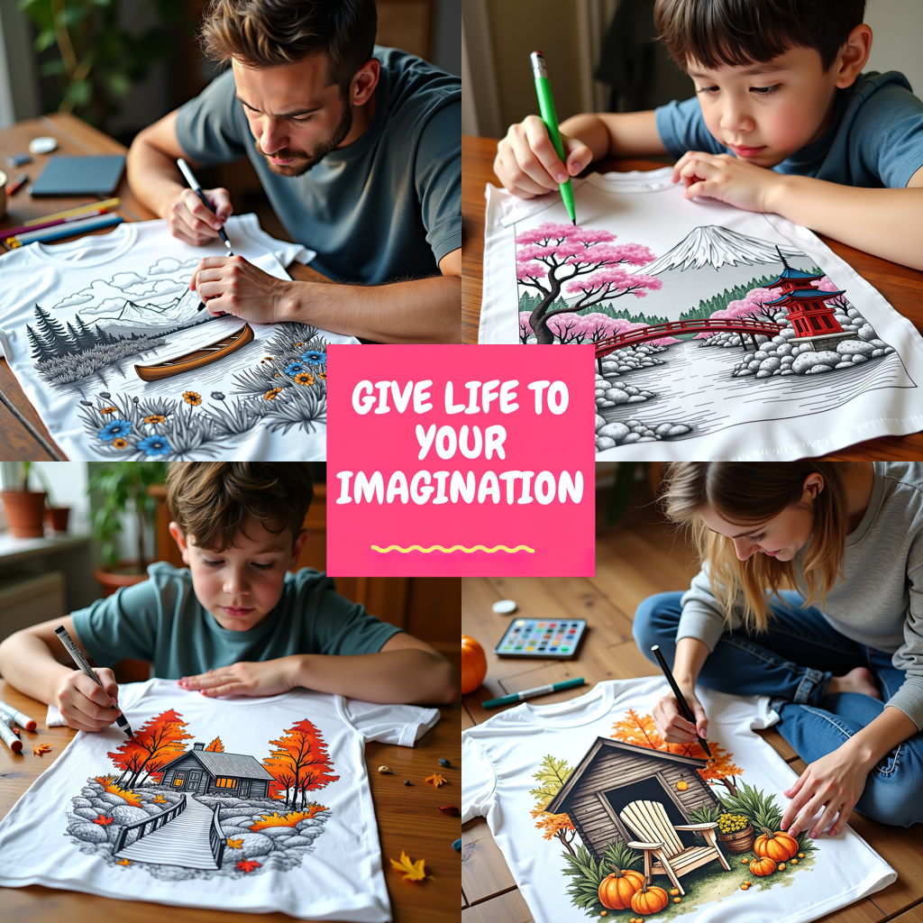 Unisex T-shirt Coloring Kit with 10 Fabric Markers - Mountain Scene
