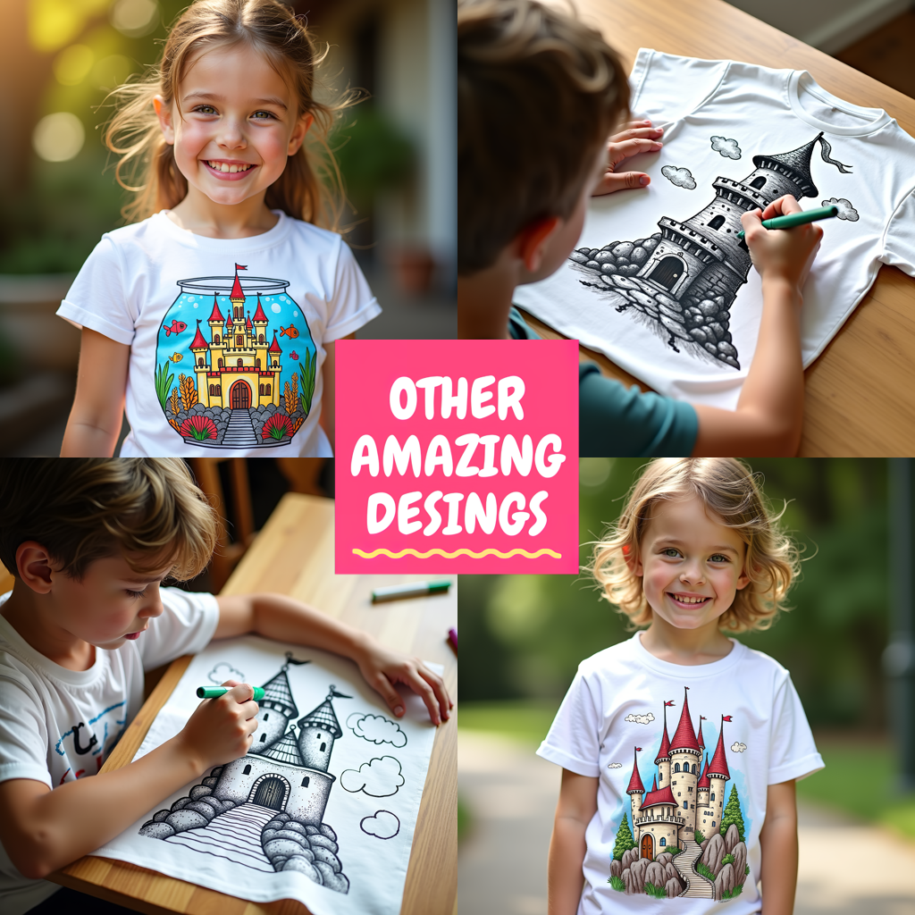 Kid's T-shirt Coloring Kit with 10 Fabric Markers - Tree House Castle