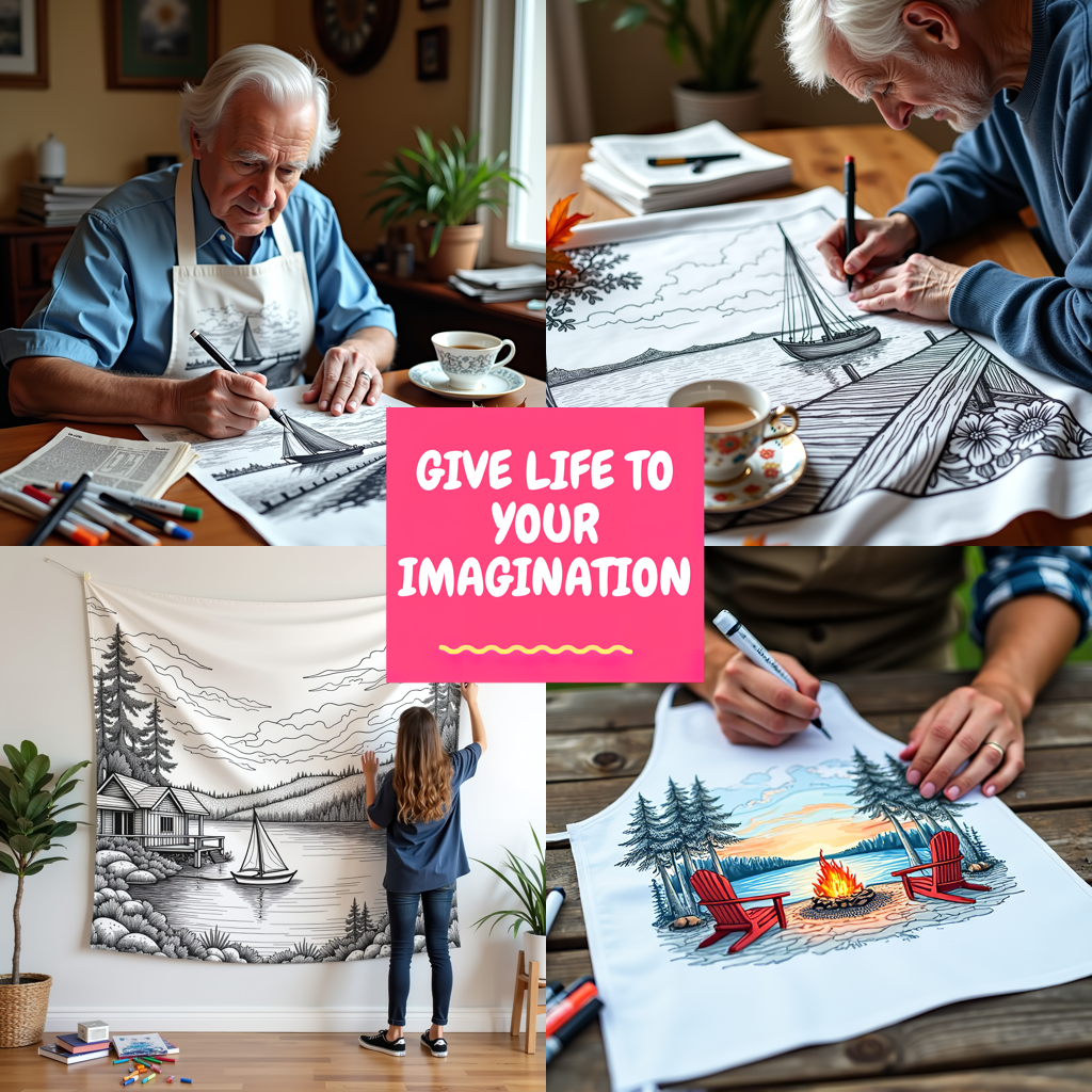Adult Sweatshirt Coloring Kit with 10 Fabric Markers - Lakeside with Boat and Flowers