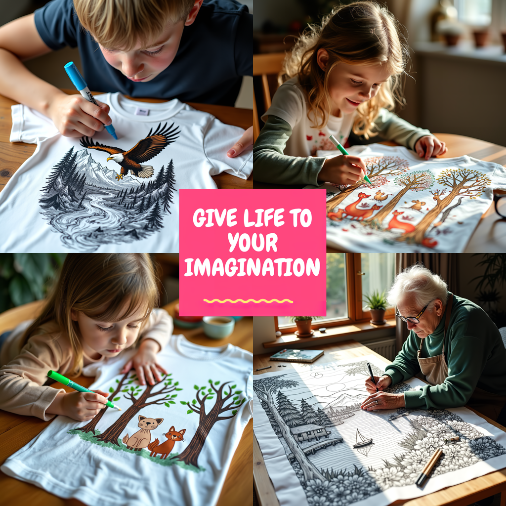 Unisex T-shirt Coloring Kit with 10 Fabric Markers - Lakeside with Boat and Flowers