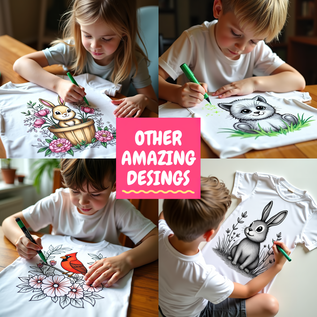 Kid's T-shirt Coloring Kit with 10 Fabric Markers - Cat in a floral basket