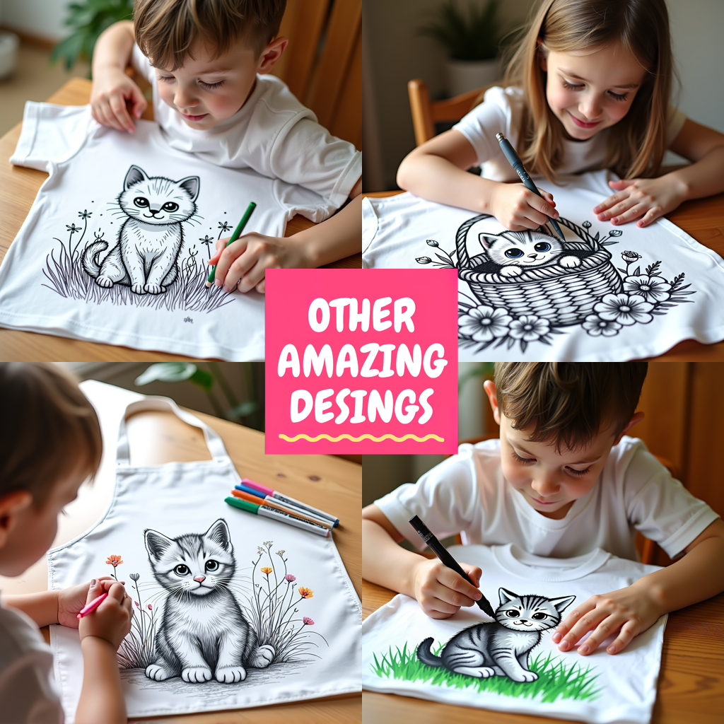 Kid's T-shirt Coloring Kit with 10 Fabric Markers - Kitten in Basket