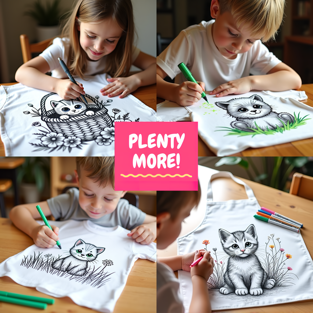 Unisex T-shirt Coloring Kit with 10 Fabric Markers - Kitten in Basket
