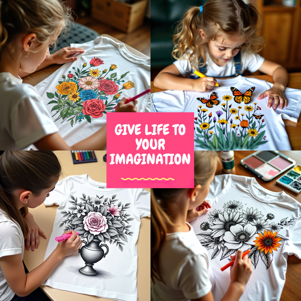 Kid's T-shirt Coloring Kit with 10 Fabric Markers - Kitten in Flower Basket