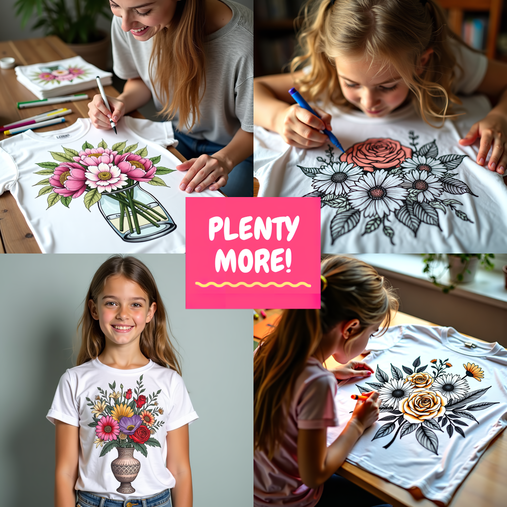 Women's T-shirt Coloring Kit with 10 Fabric Markers - Kitten in Flower Basket