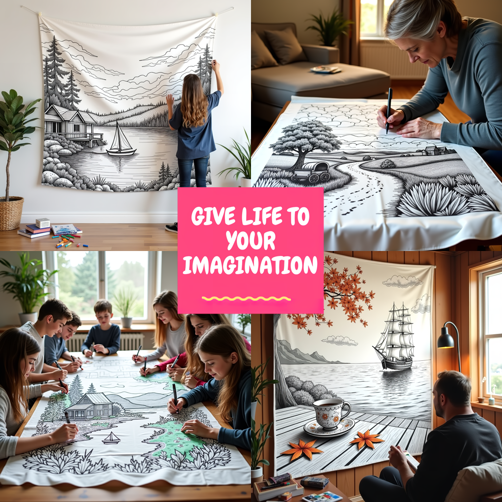 Indoor Wall Tapestries Coloring Kit with 10 Fabric Markers - Abstract Mountains and Sunburst