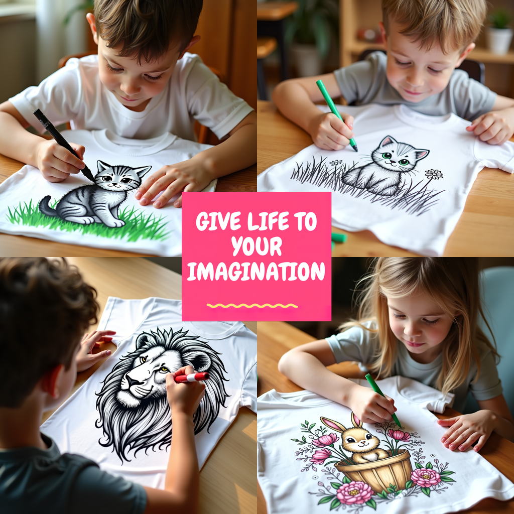 Unisex T-shirt Coloring Kit with 10 Fabric Markers - Kitten in a Basket