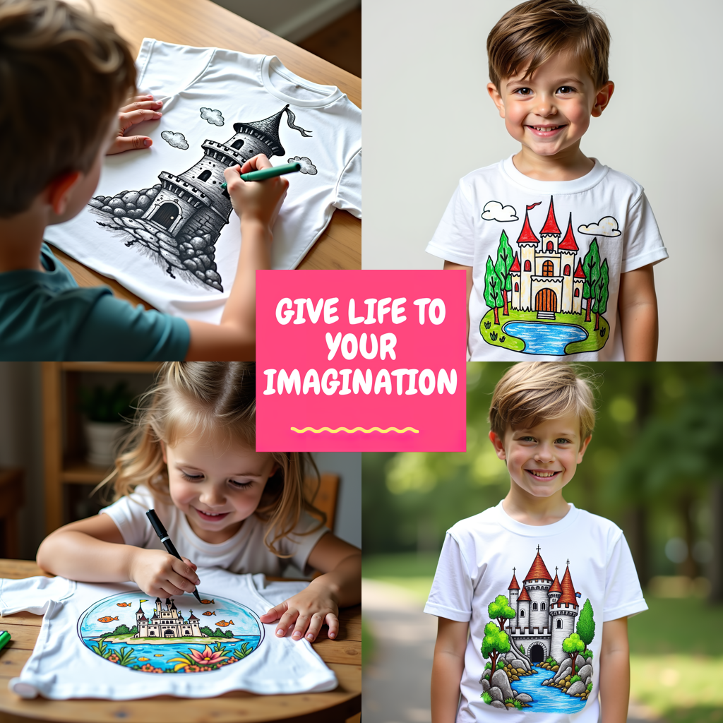 Kid's T-shirt Coloring Kit with 10 Fabric Markers - Fantasy Castle