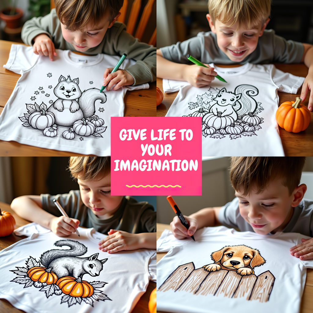 Kid's T-shirt Coloring Kit with 10 Fabric Markers - Squirrels Celebrating