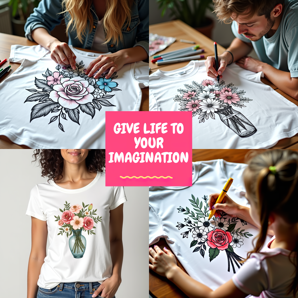 Unisex T-shirt Coloring Kit with 10 Fabric Markers - Floral Design