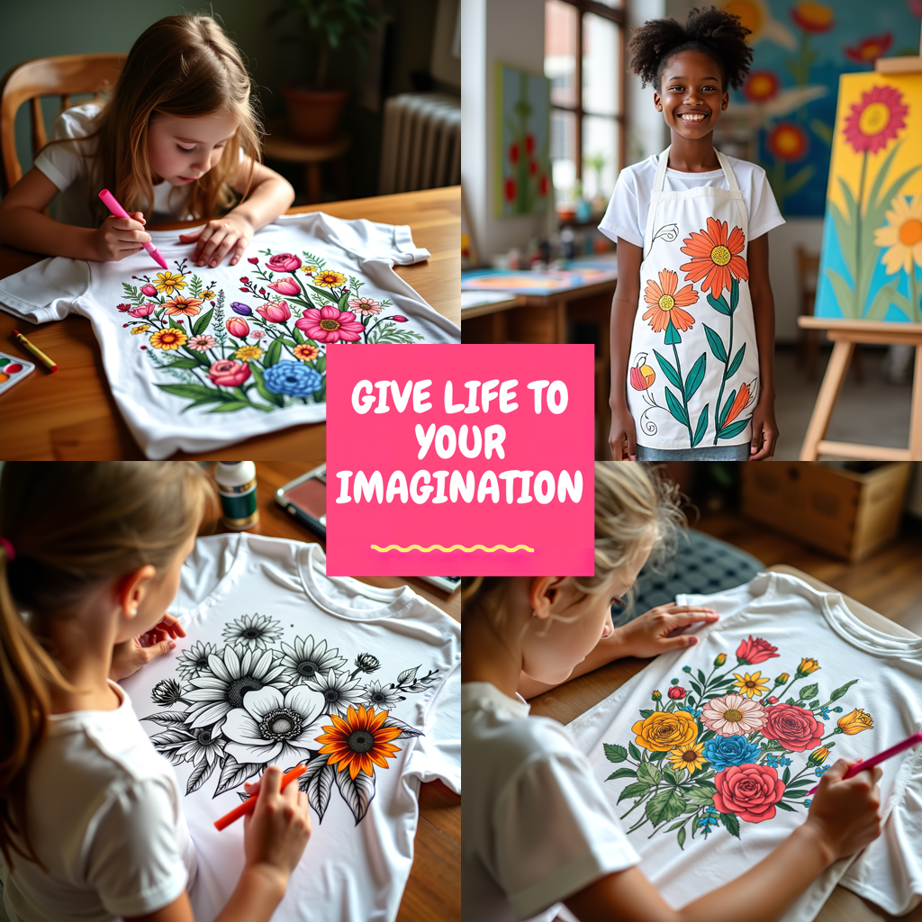 Unisex T-shirt Coloring Kit with 10 Fabric Markers - Floral Name Design