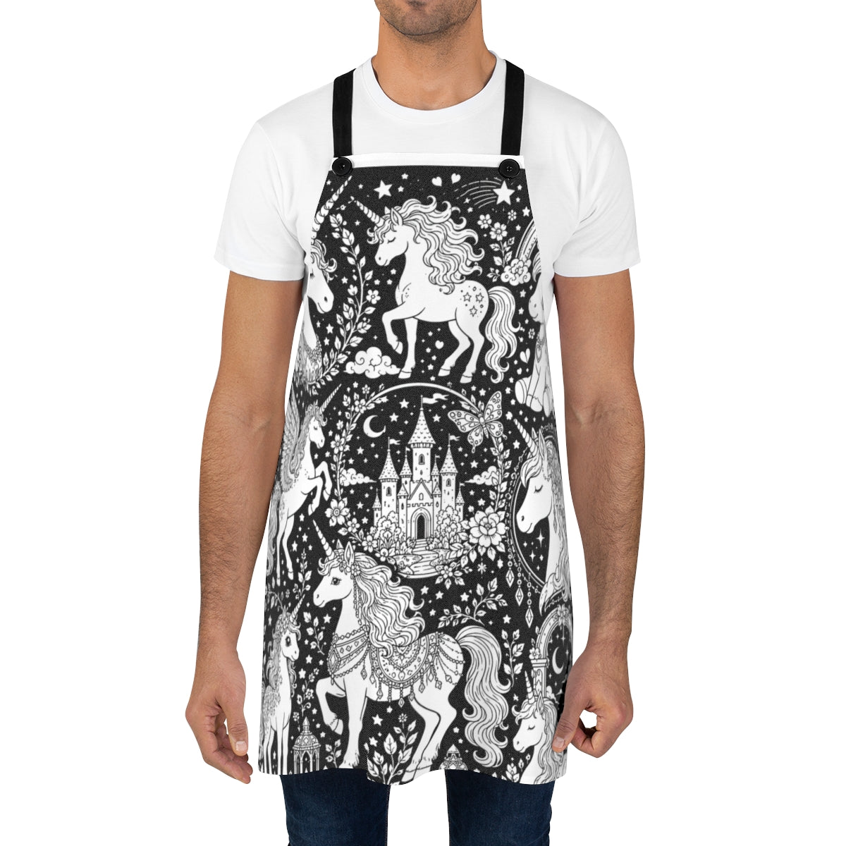 Rainbow Unicorn Dreamscape Apron kit shown in a lifestyle mockup - worn by a man