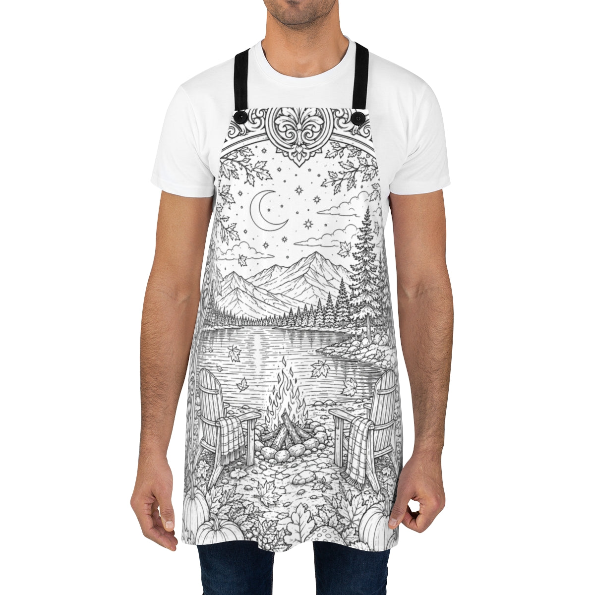 Autumn Lakeside Campfire Apron kit shown in a lifestyle mockup - worn by a man