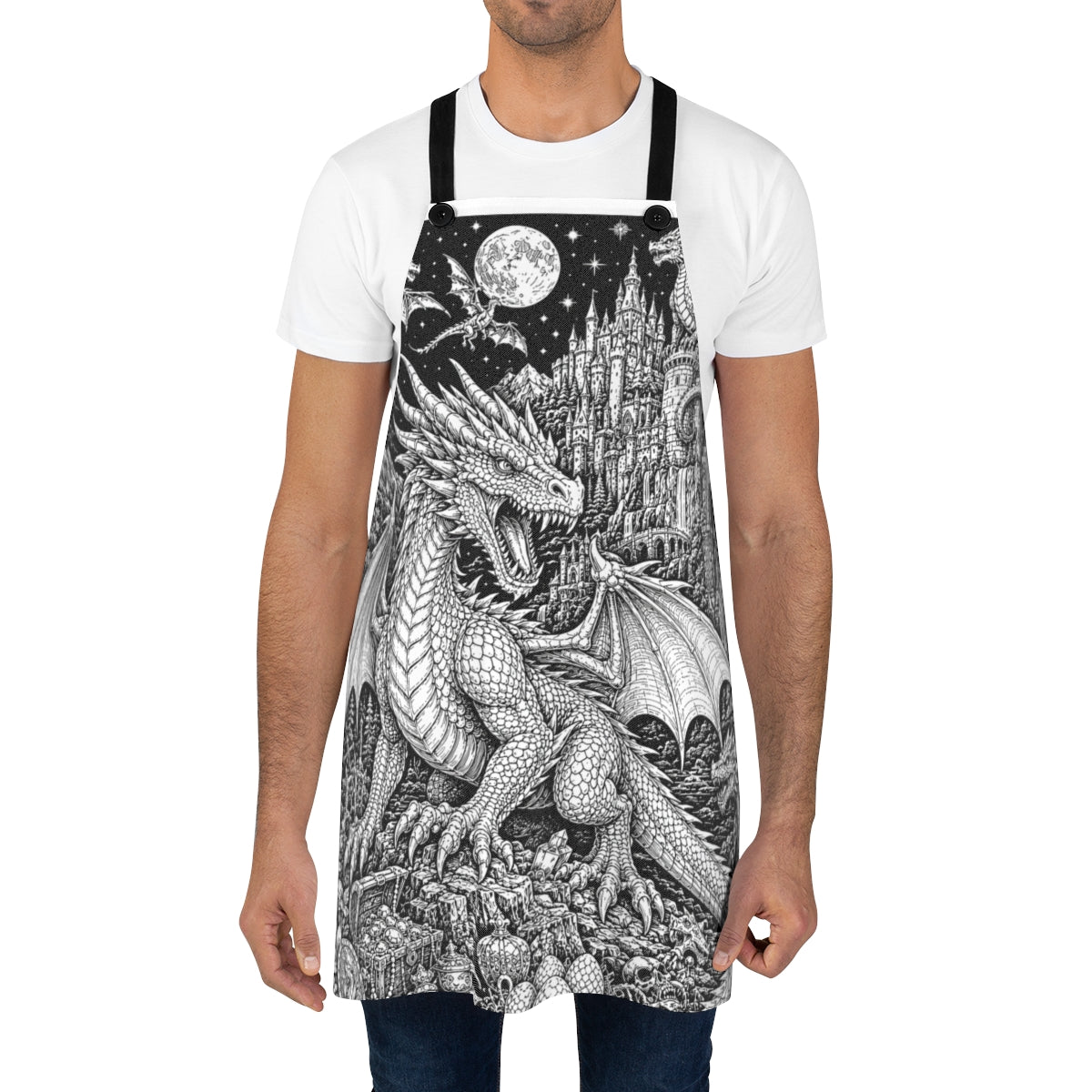 Moonlit Dragon Castle Apron kit shown in a lifestyle mockup - worn by a man