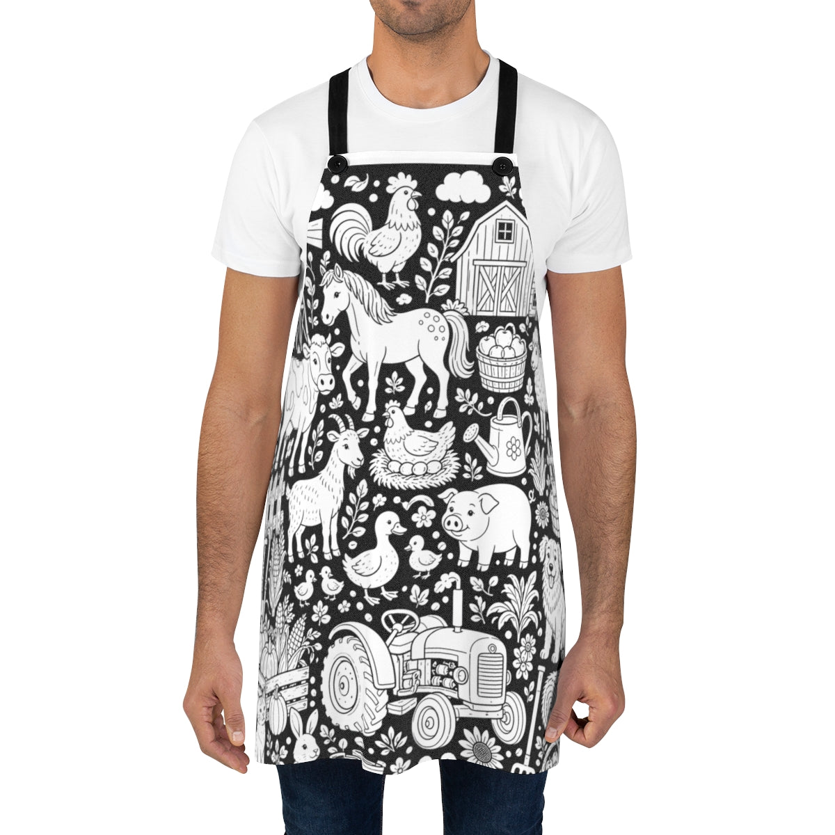 Farmyard Friends Harvest Apron kit shown in a lifestyle mockup - worn by a man