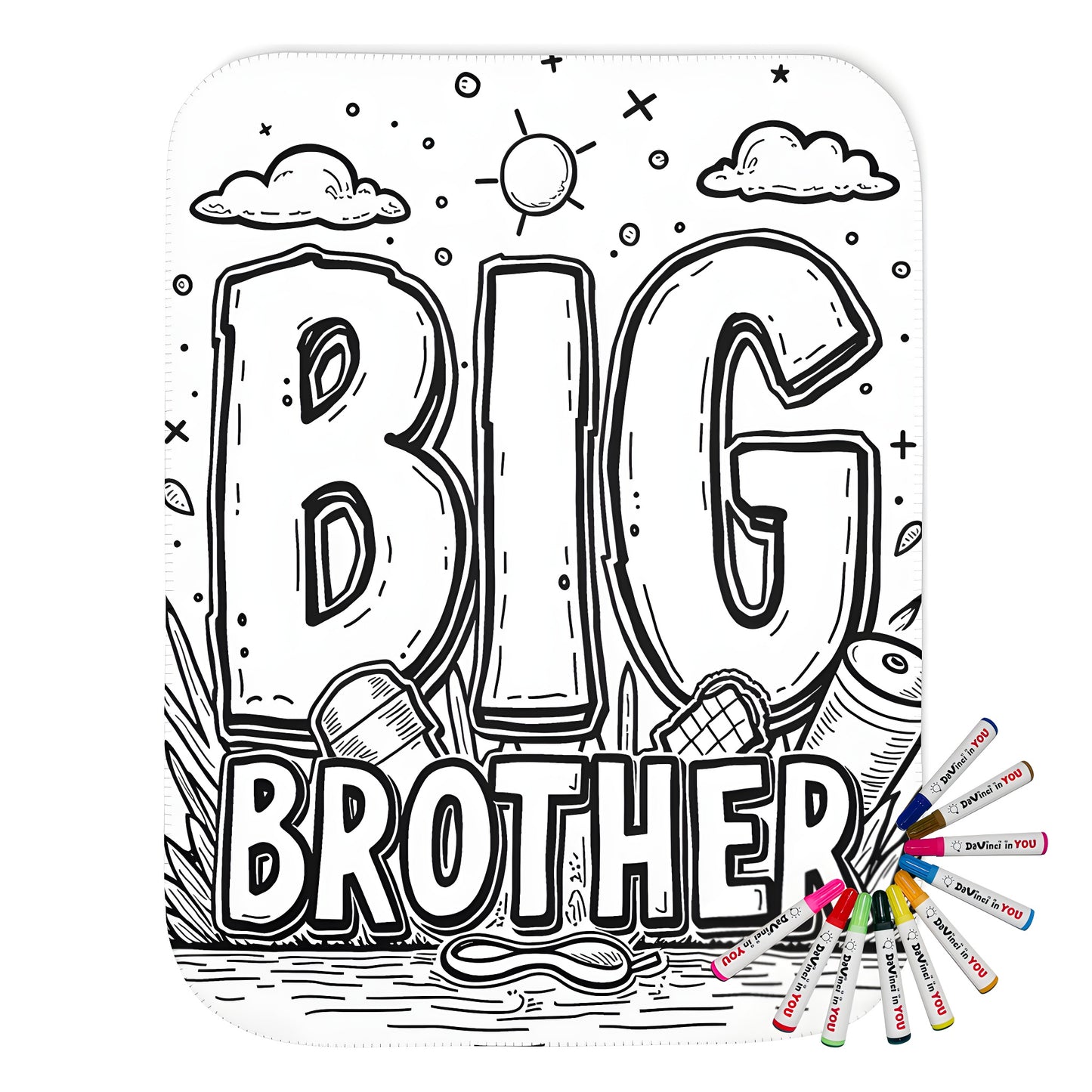 Cozy blanket with big brother design, featuring a monochrome illustration of 'BIG BROTHER' with cartoon-style sun, clouds, and nature elements. Perfect for big brother fans, brotherly love, or sibling gifts.