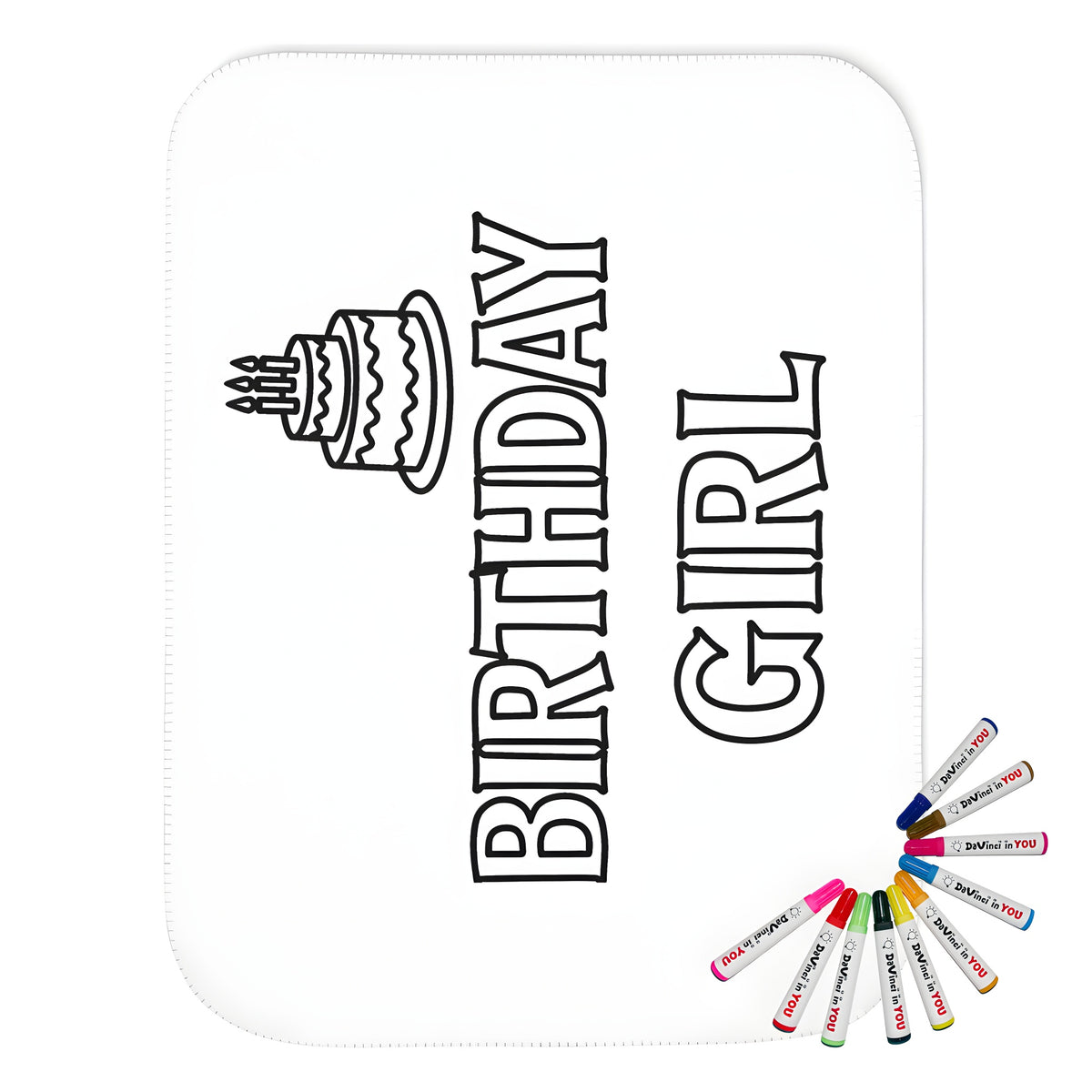 Birthday girl themed blanket for kids and adults, featuring a coloring page style design with 'BIRTHDAY GIRL' text and birthday cake illustration