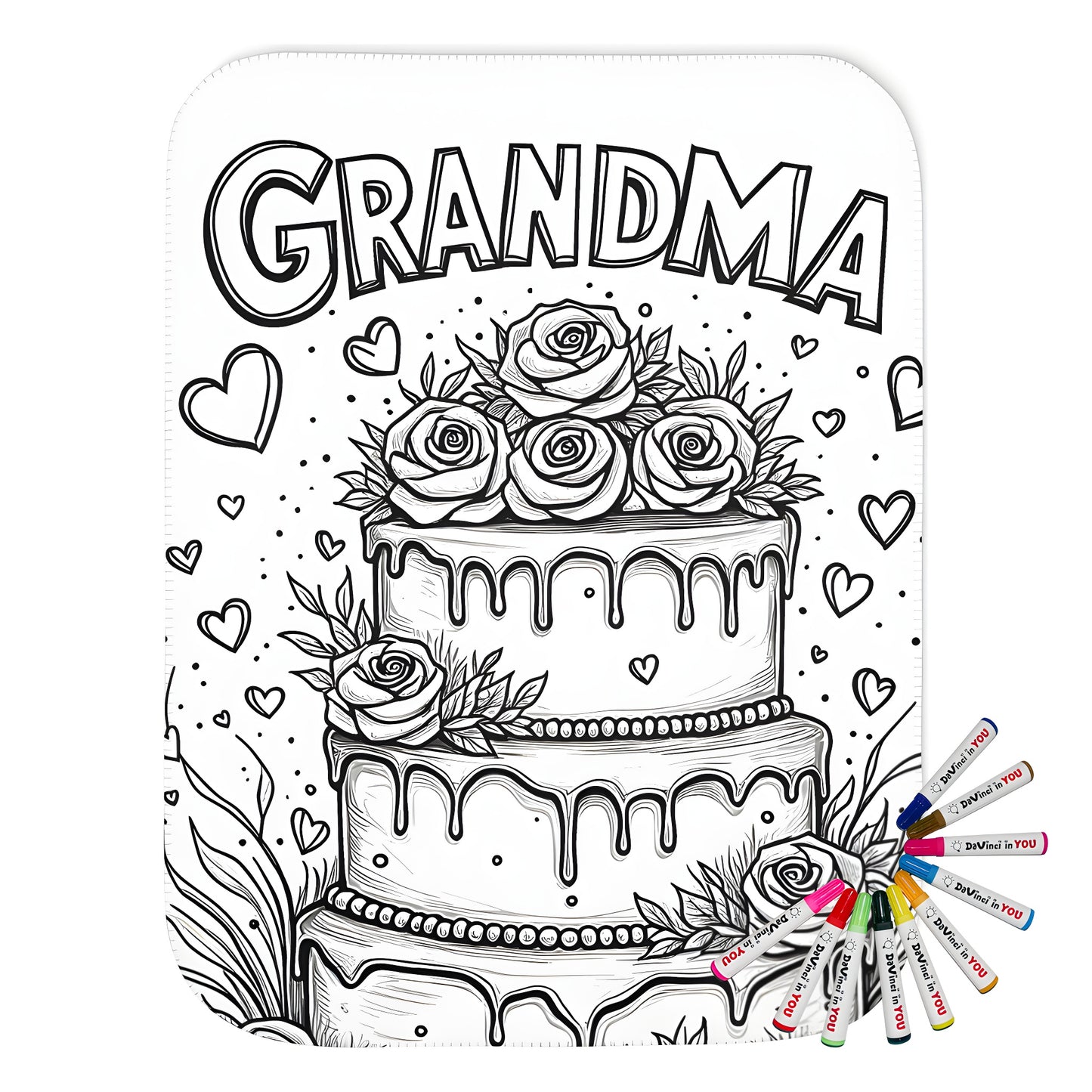 Cozy blanket with a grandmother-themed coloring page design featuring a three-tiered cake with dripping icing and roses