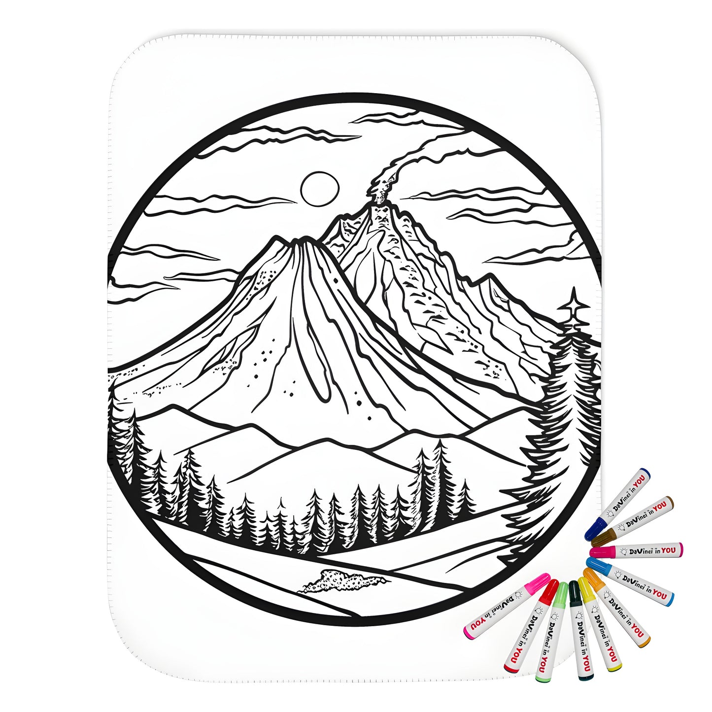 Volcanic landscape blanket with volcano design, black and white illustration of a mountain emitting smoke, surrounding mountains and pine trees