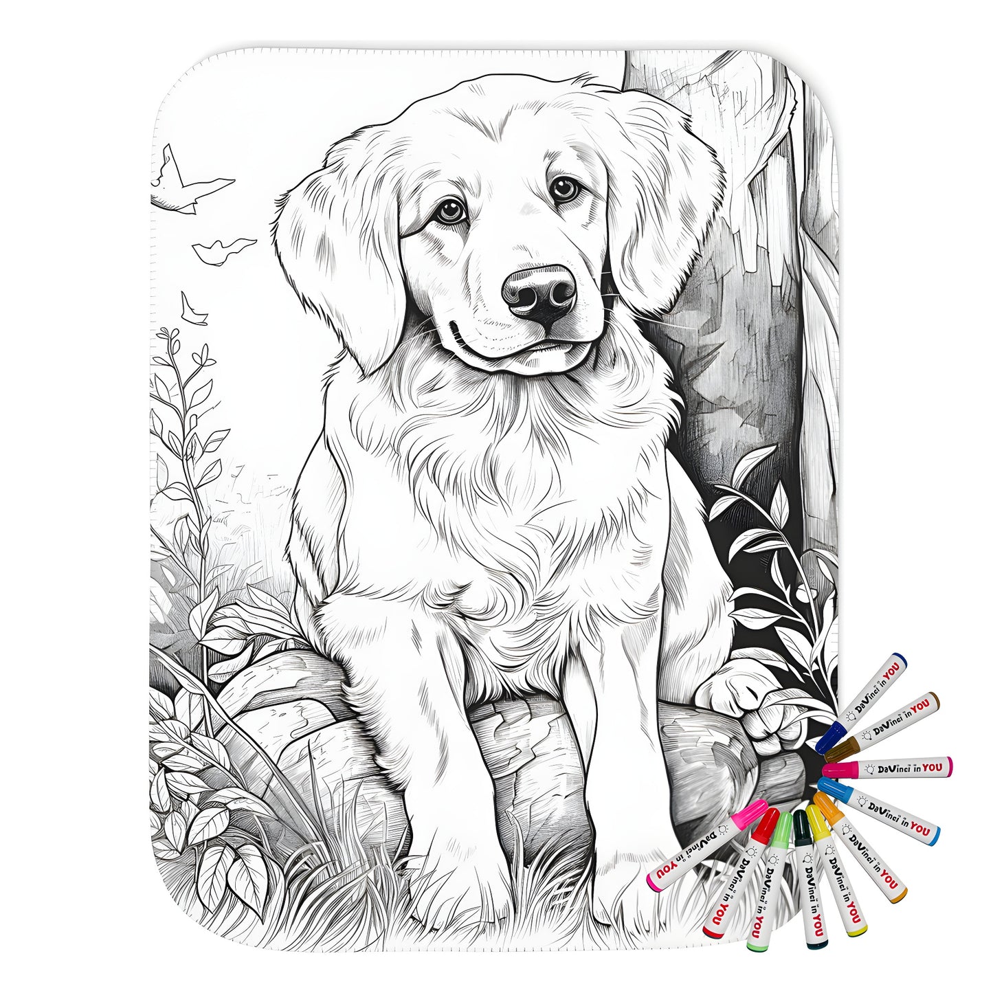 Cozy blanket with adorable puppy designs in nature scene