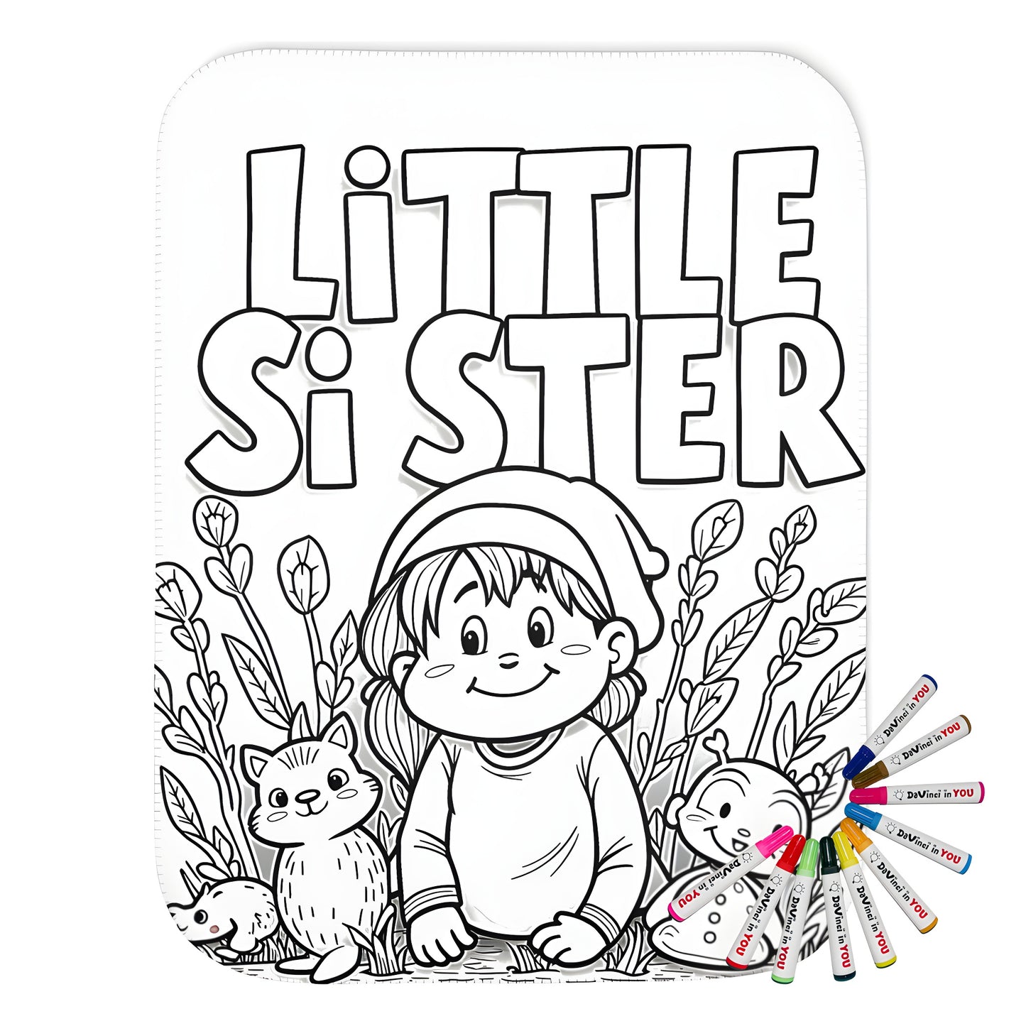 Cute little sister blanket design featuring girl among nature and small animals