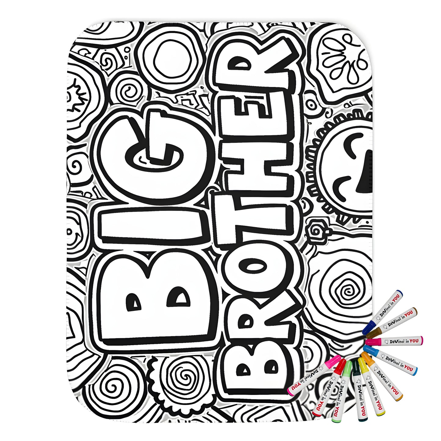 Colorful blanket with fun doodle art of big brother design, featuring hearts, swirls, and happy faces