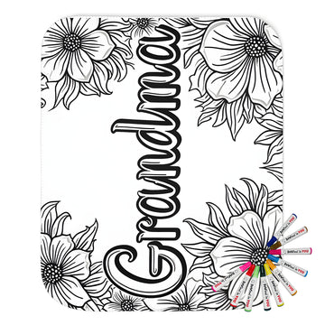 Blanket coloring kit with Grandma-inspired fabric markers and black floral design