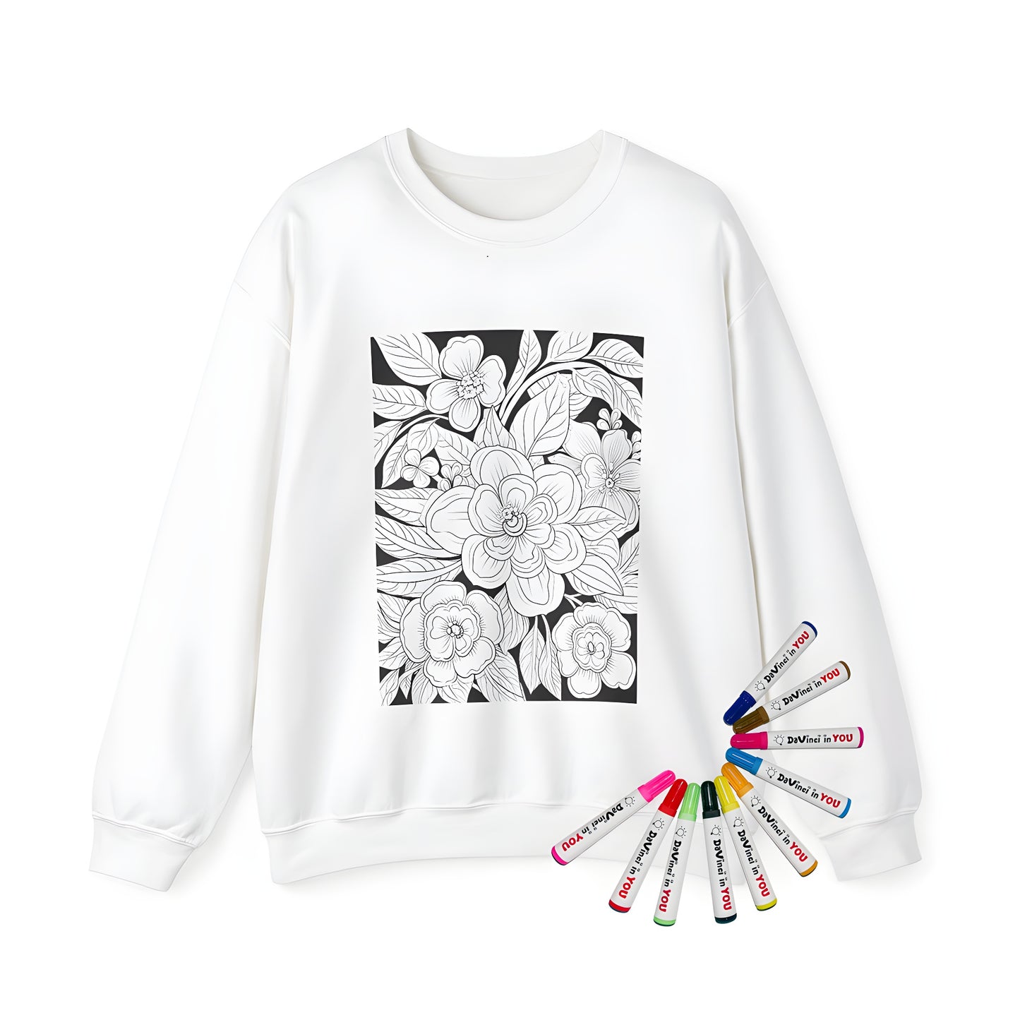 Adult sweatshirt with detailed floral pattern, colorful bouquet, and leaves design